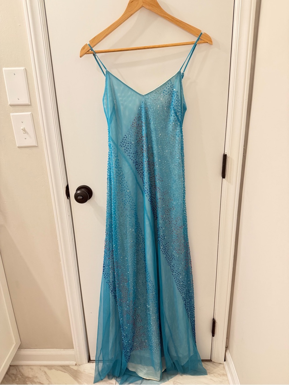 Vintage Y2K BCBG Max Azria Collection Teal Beaded Mesh Maxi Gown